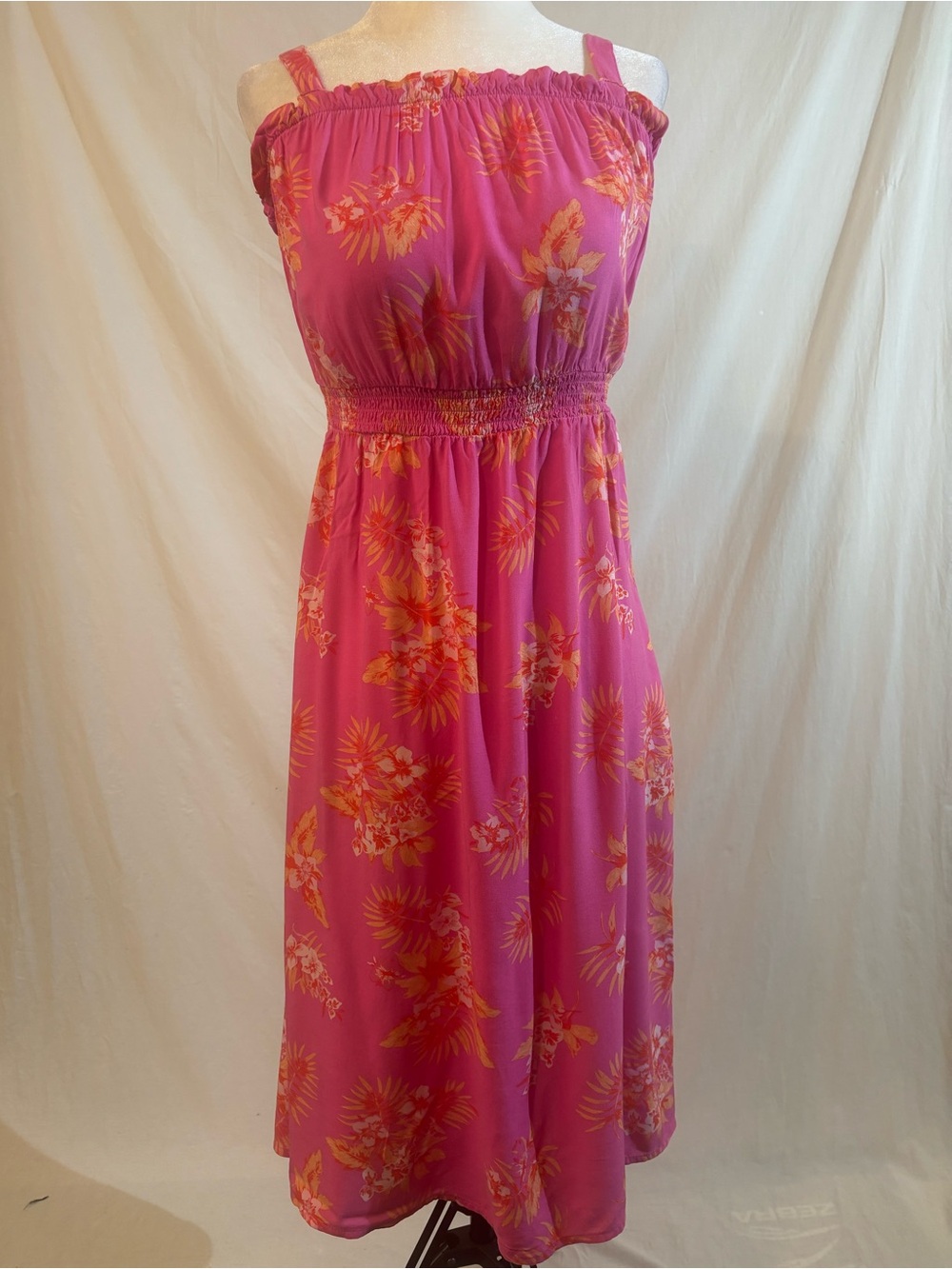 The Place Girls 14 Pink Tropical Floral Rayon Midi Dress Smocked